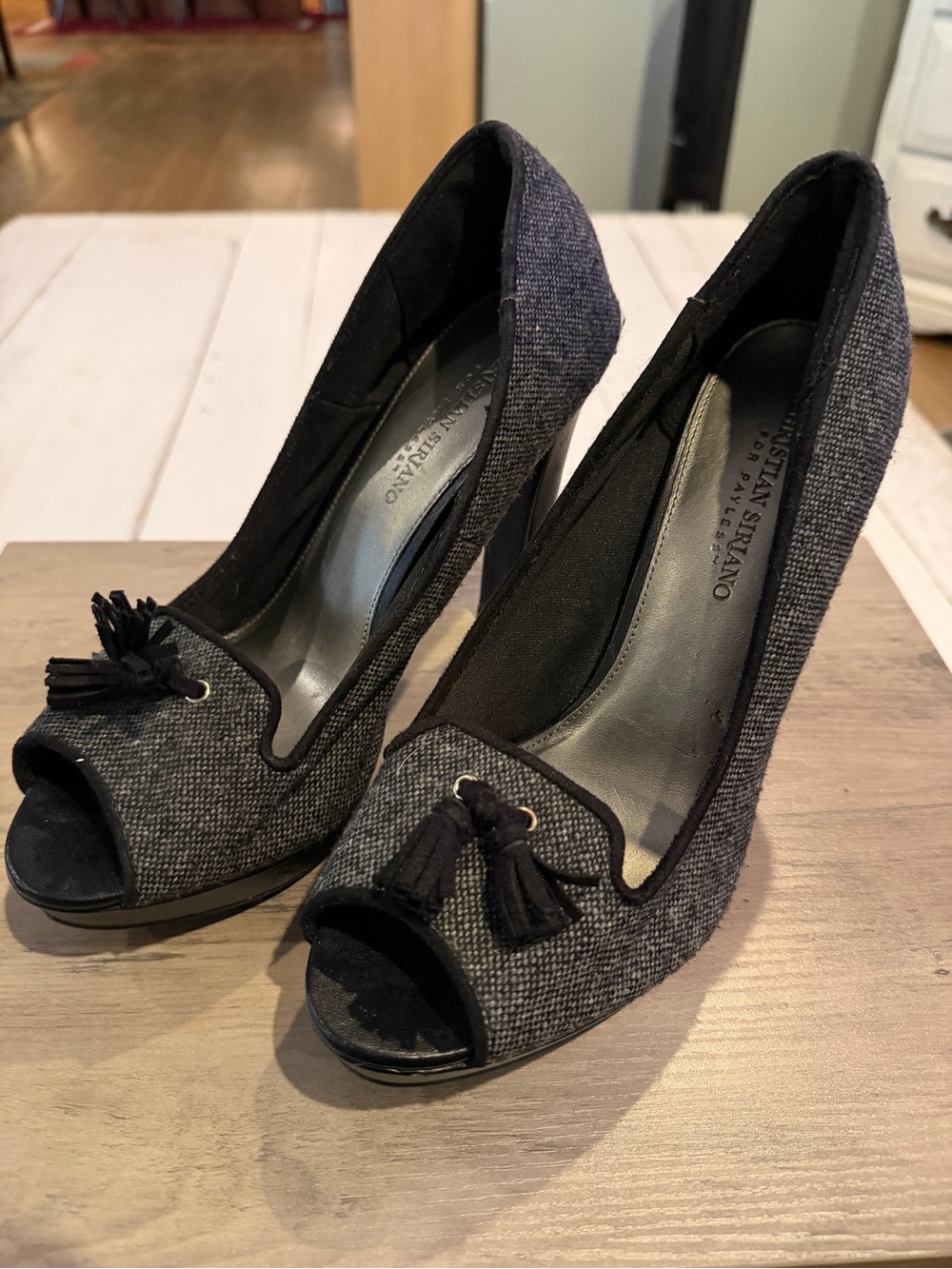 Christian Siriano Black Tweed Peep-Toe Tassel Pumps